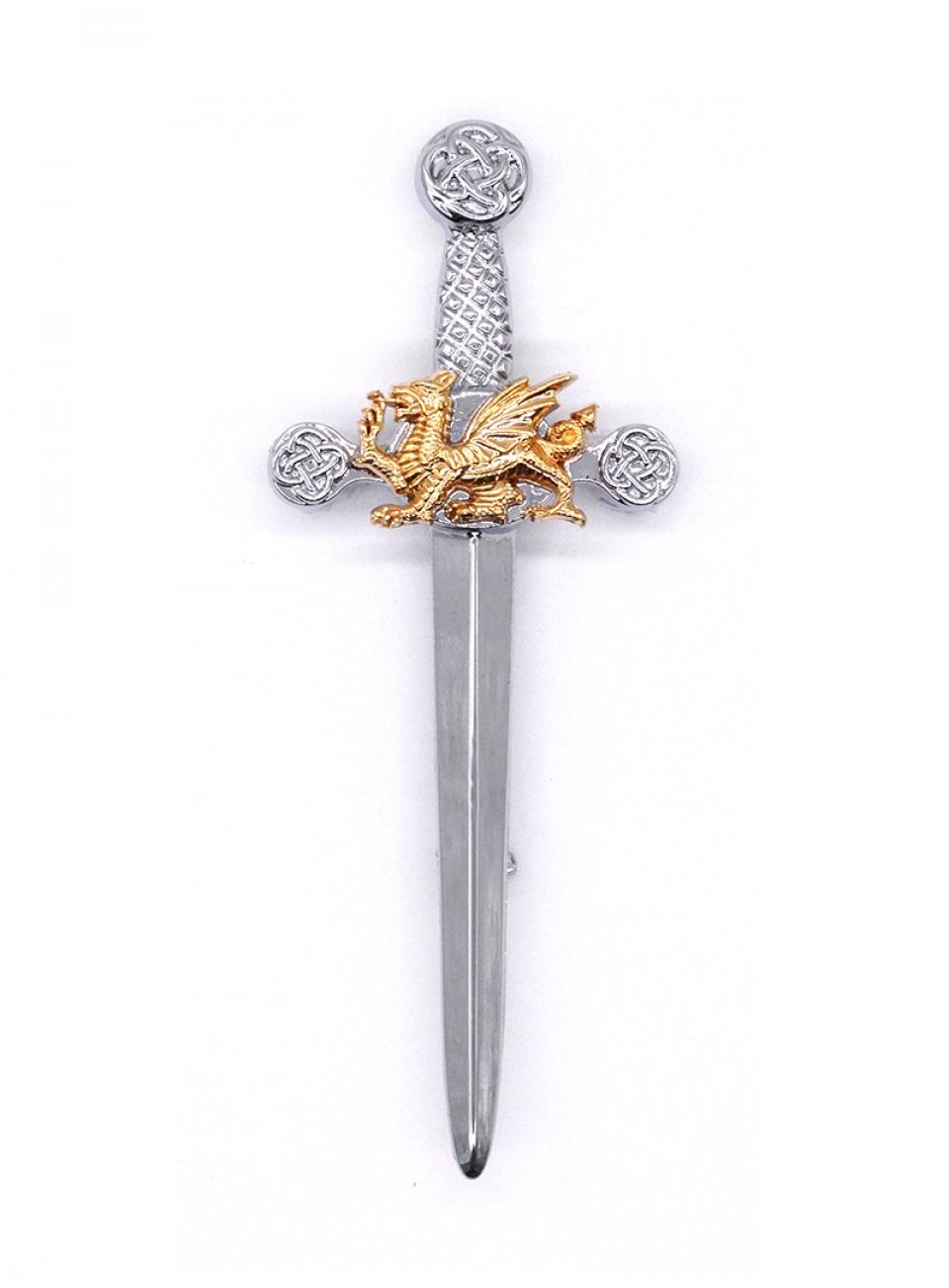 Chrome/Gold Dragon Sword Kilt Pin