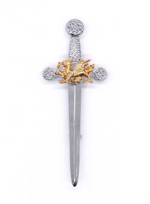 Chrome/Gold Dragon Sword Kilt Pin