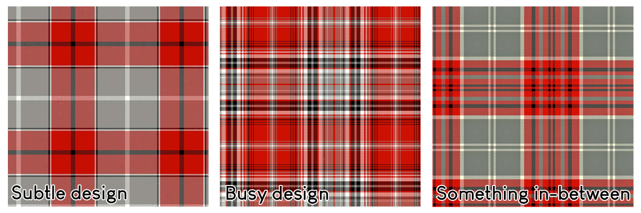 Images of subtle, busy and middle ground tartan design patterns